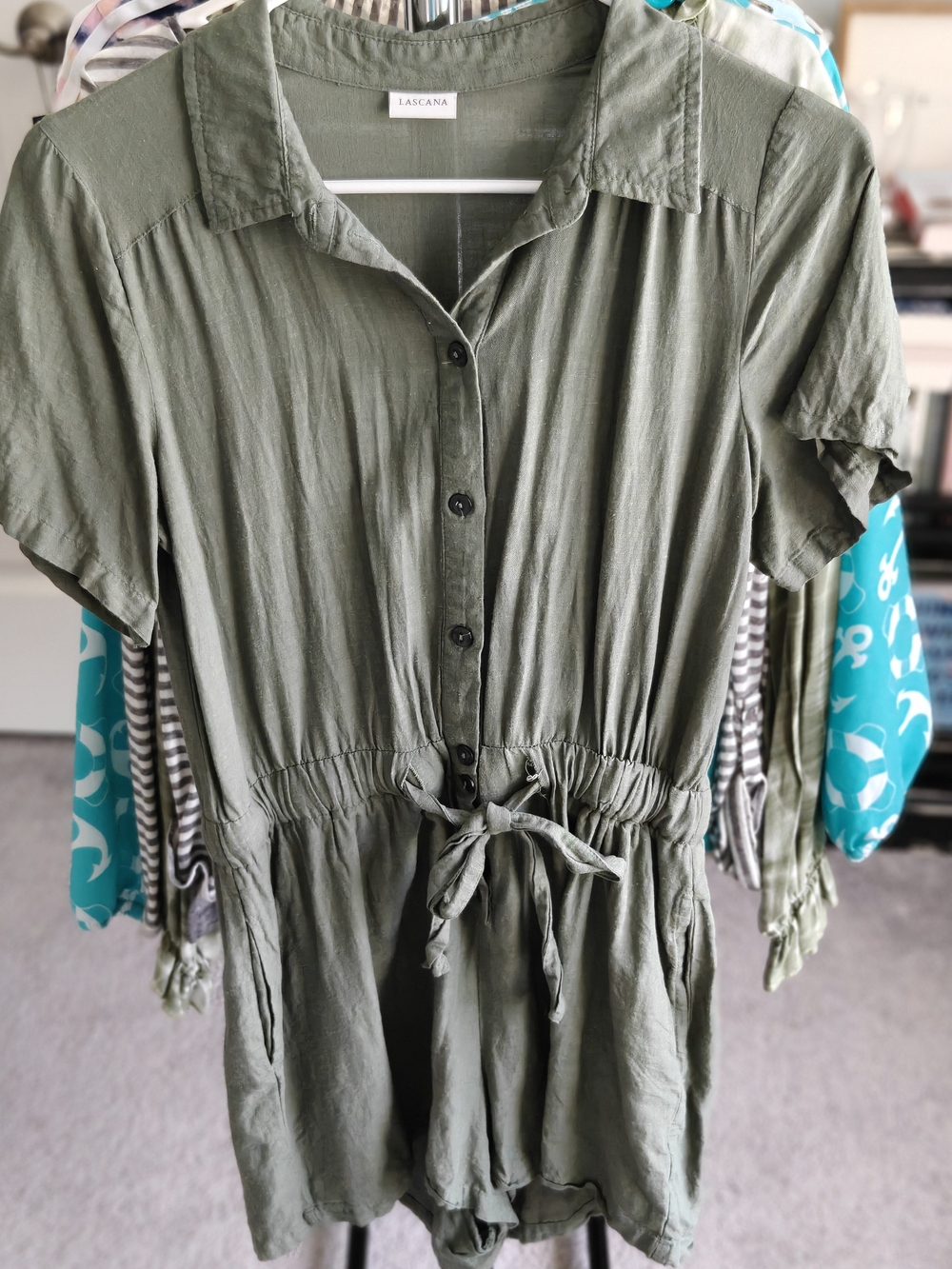 Lascana Olive Green Short-Sleeve Button Romper with Tie-Waist